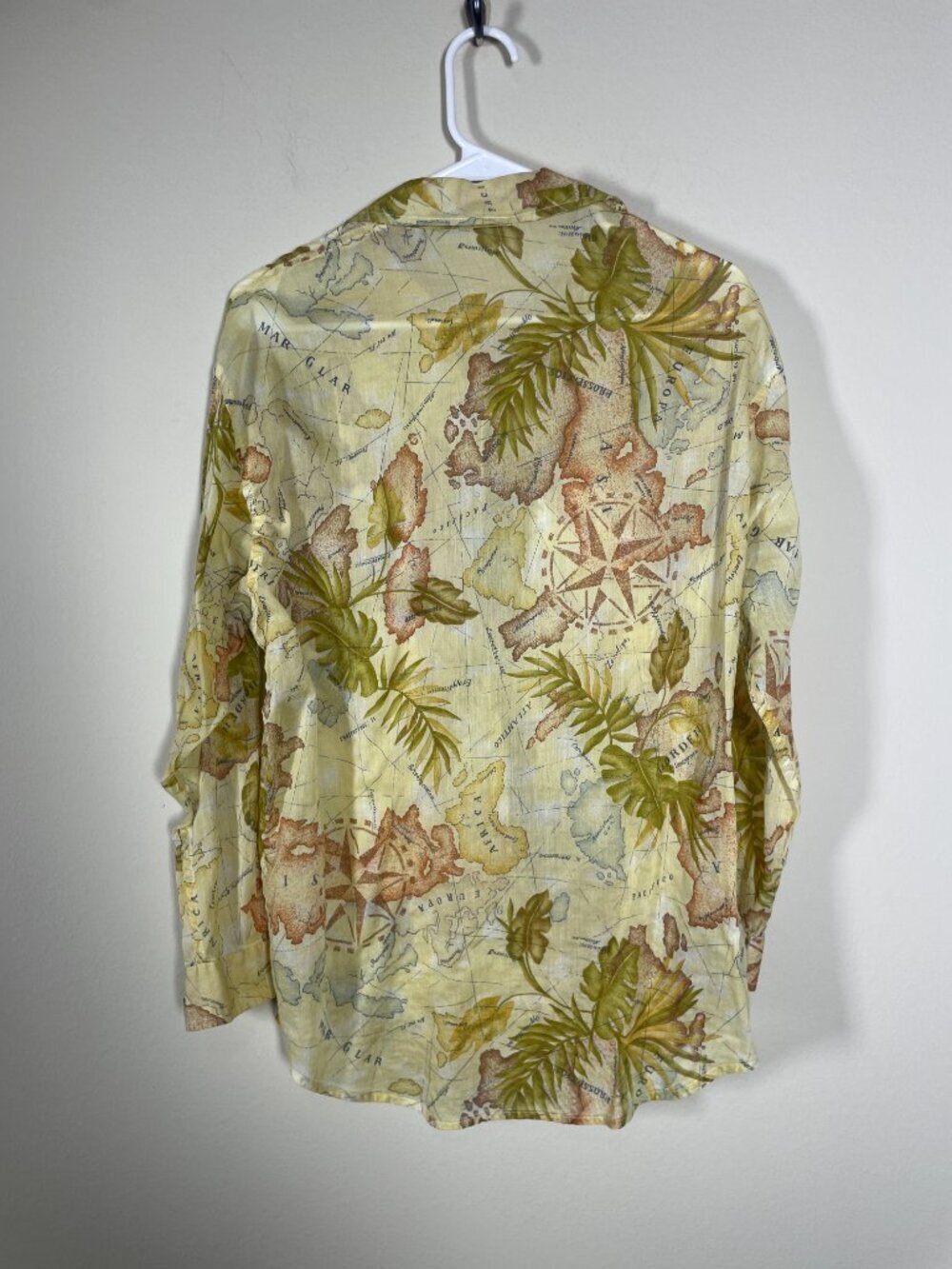 VTG LizWear shirt size M/L sheer World Map print tunic beige long sleeve Cotton! - Picture 4 of 4